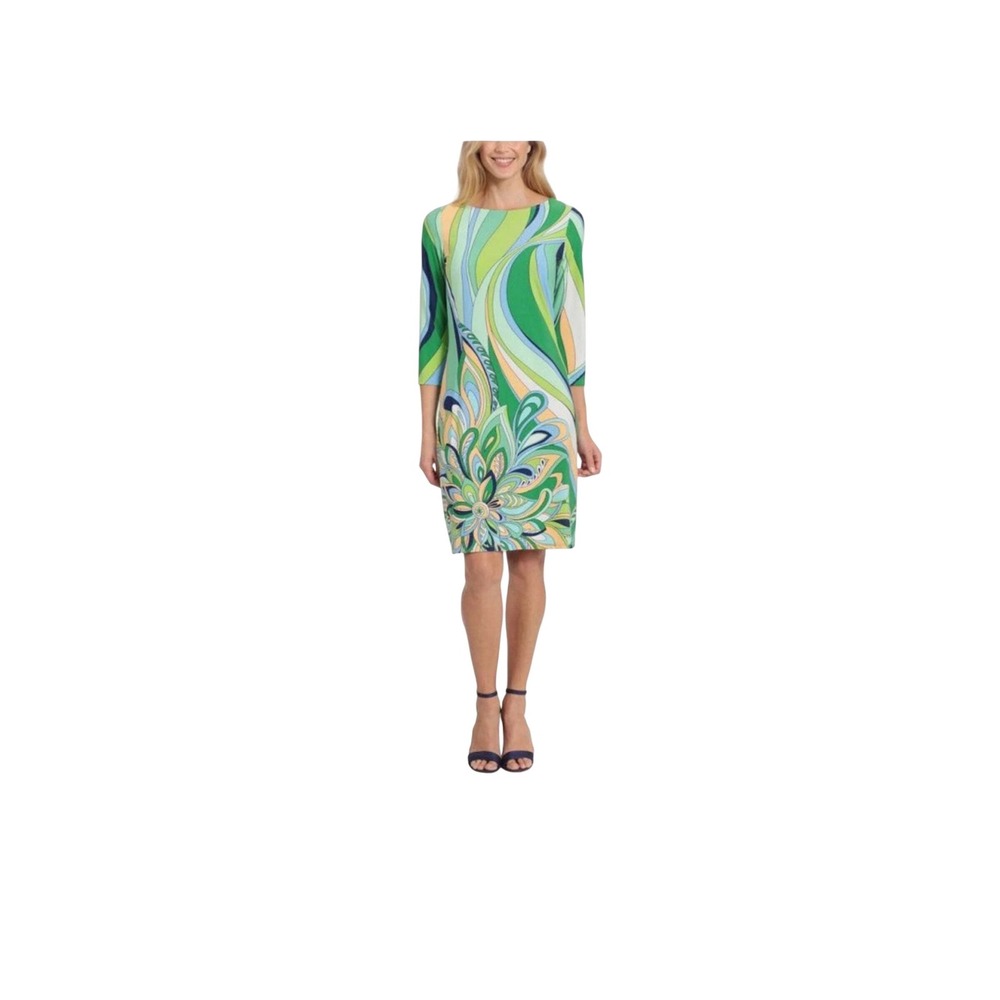 London Times Green Psychedelic Floral Swirl 3/4 Sleeve Shift Dress Large